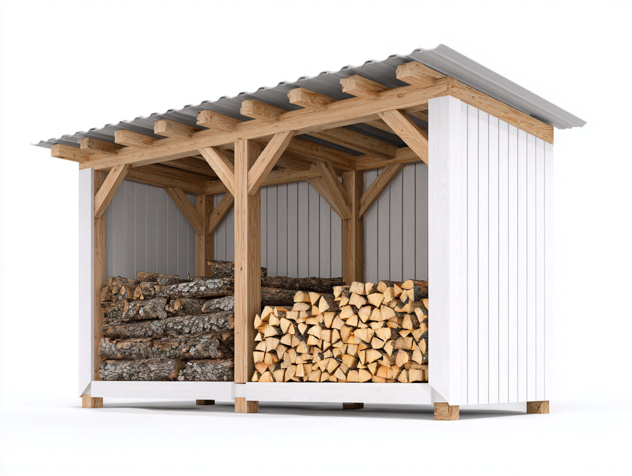 Abri à bûches en bois avec toit métal 240x90x200 cm - bois naturel blanc et gris - double compartiment