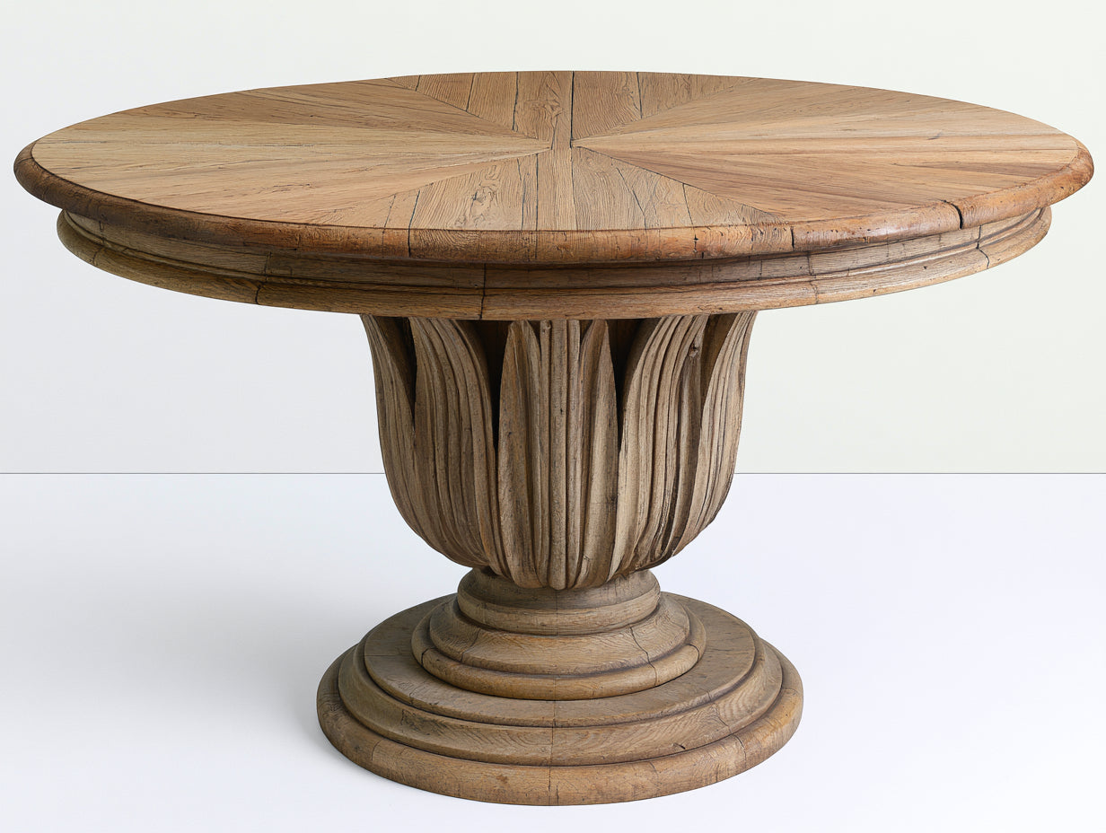 Table de jardin ronde en bois massif 150x150x78 cm - bois naturel vieilli - style rustique sculpté
