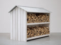 Abri à bûches en bois avec toit métallique 200x70x170 cm - blanc et gris - rangement sur 2 niveaux