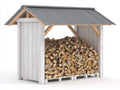Abri à bûches en bois et métal 240x100x220 cm - blanc-gris-bois naturel - toit à deux pentes