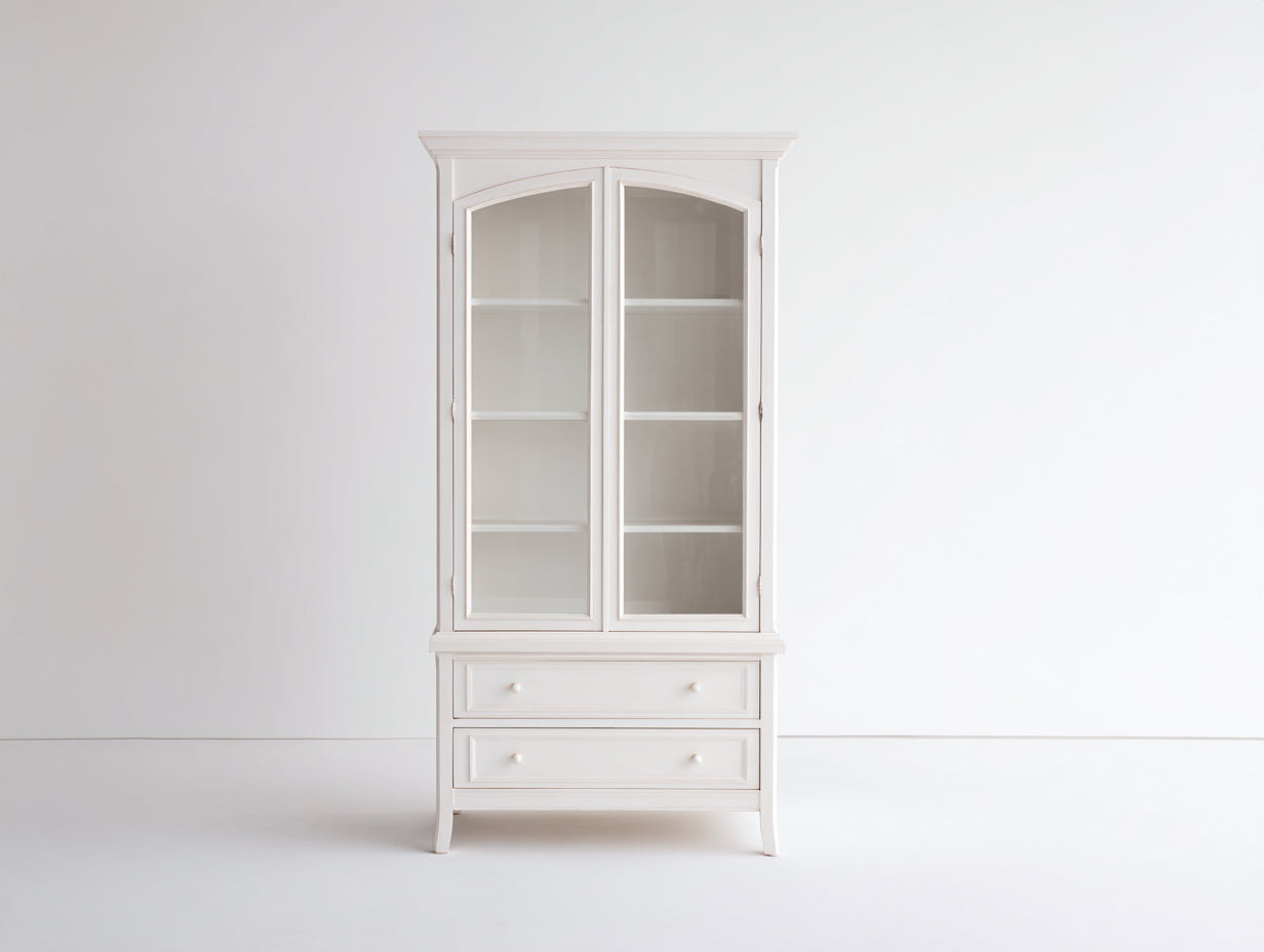 Vitrine en bois et verre 90x40x180 cm - blanc cassé - style classique avec tiroirs pour salle à manger