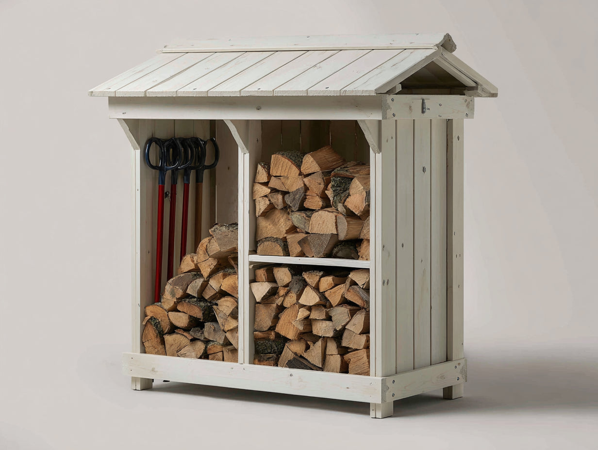 Abri à bûches en bois 160x75x175 cm - blanc vieilli-bois naturel - compartiments ouverts