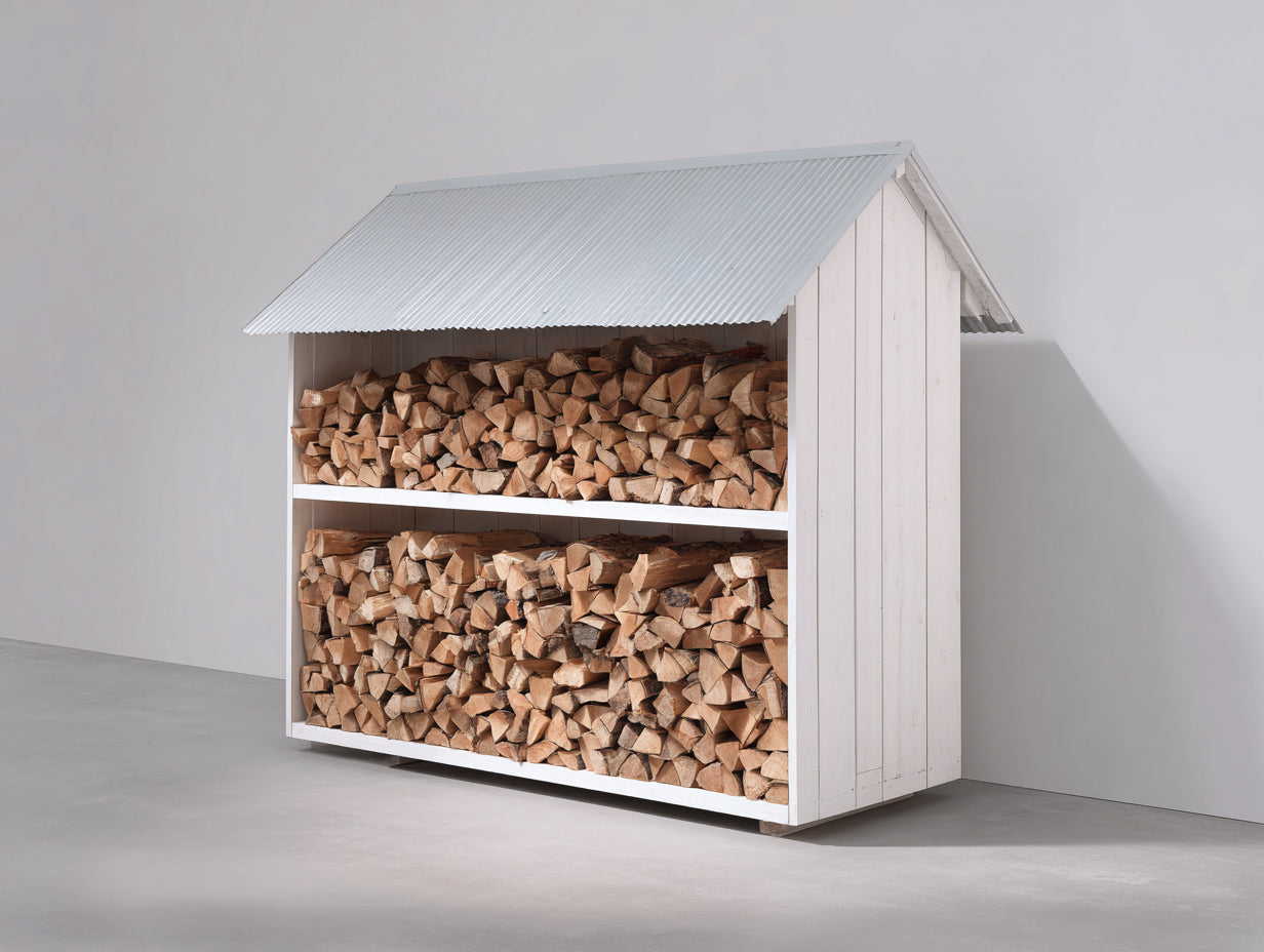 Abri à bûches - bois peint et toit en métal ondulé - 230x90x175 cm - blanc-gris métallisé - deux niveaux pour extérieur