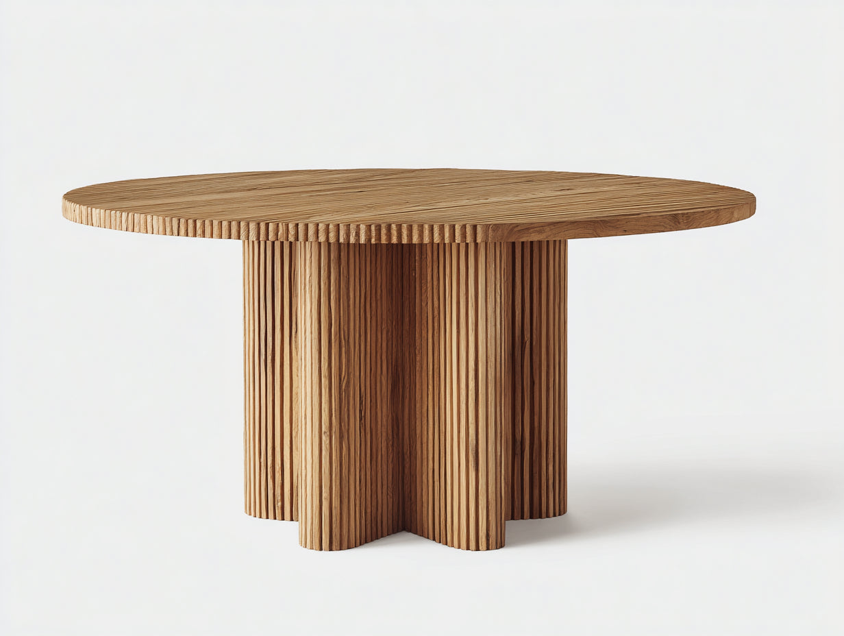 Table de jardin ronde en bois massif 120x120x75 cm - bois naturel clair - plateau épais et pied central cannelé style contemporain pour extérieur