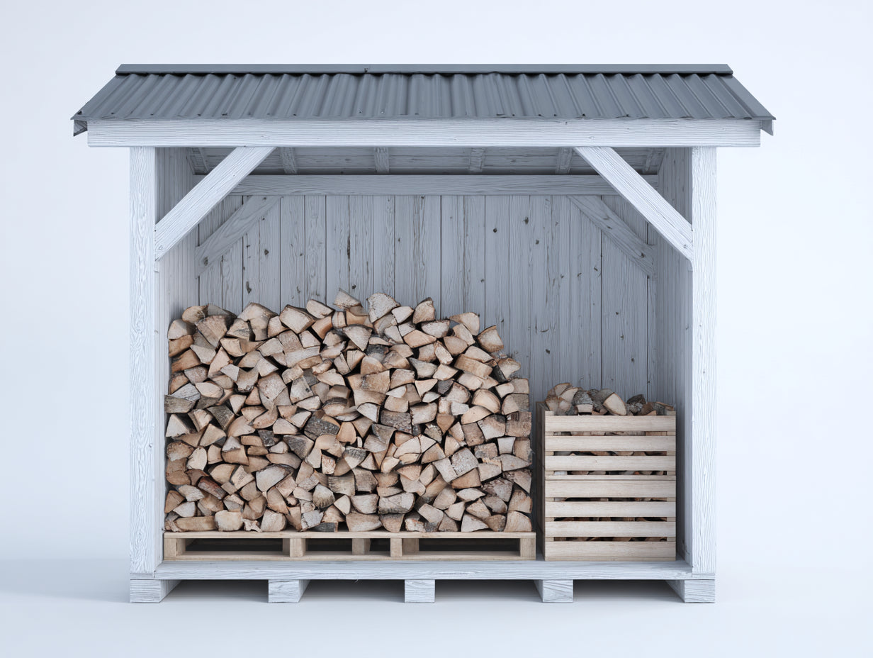 Abri à bûches en bois et métal 200x80x210 cm - blanc et gris - structure ouverte avec toit à deux pans pour extérieur