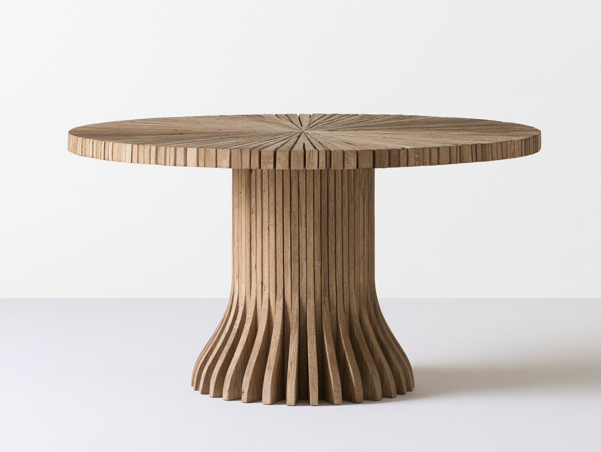 Table de jardin ronde en bois 130x130x75 cm - bois naturel - piètement central sculptural