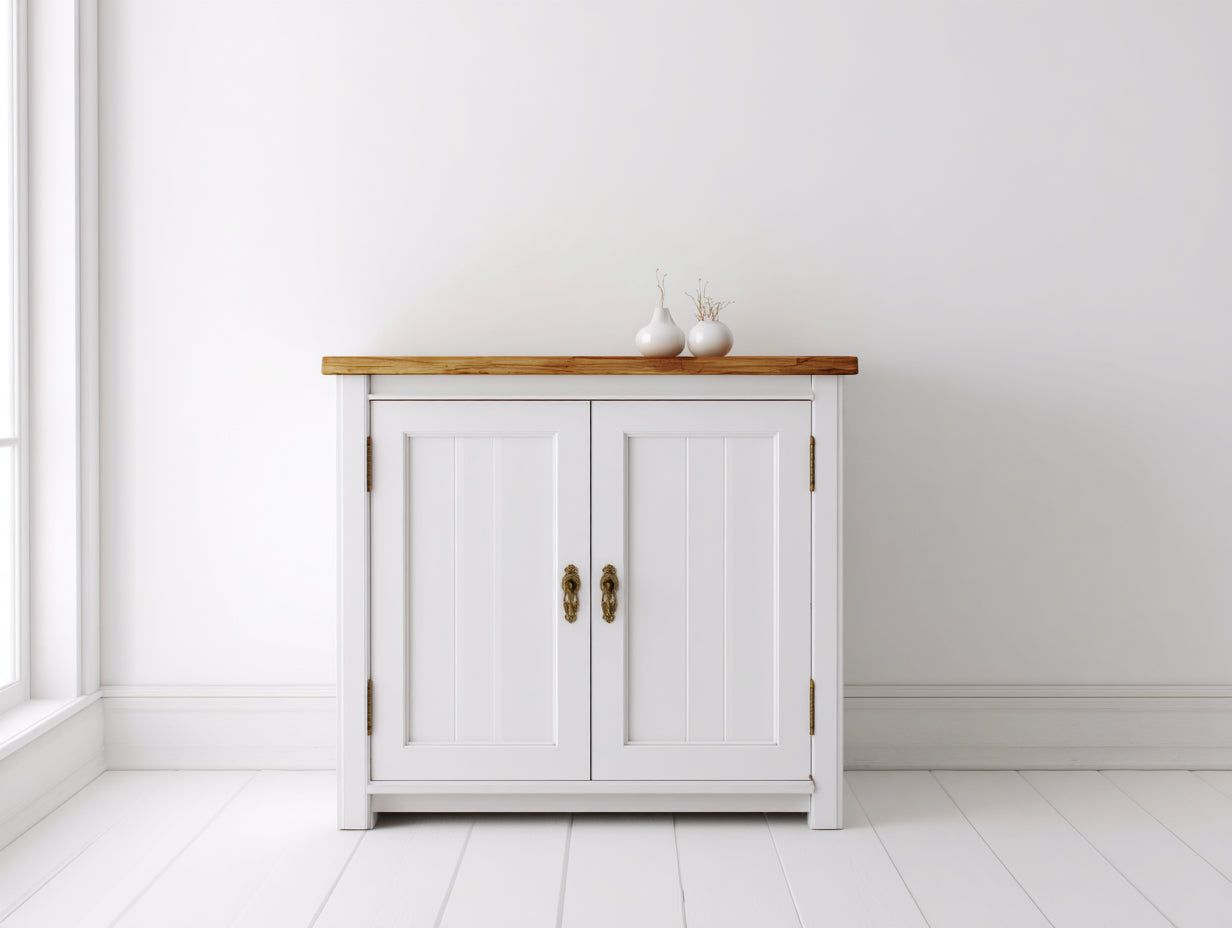 Buffet 2 portes en bois d'ingénierie 90x40x85 cm - blanc et bois naturel - poignées dorées style classique pour salle à manger