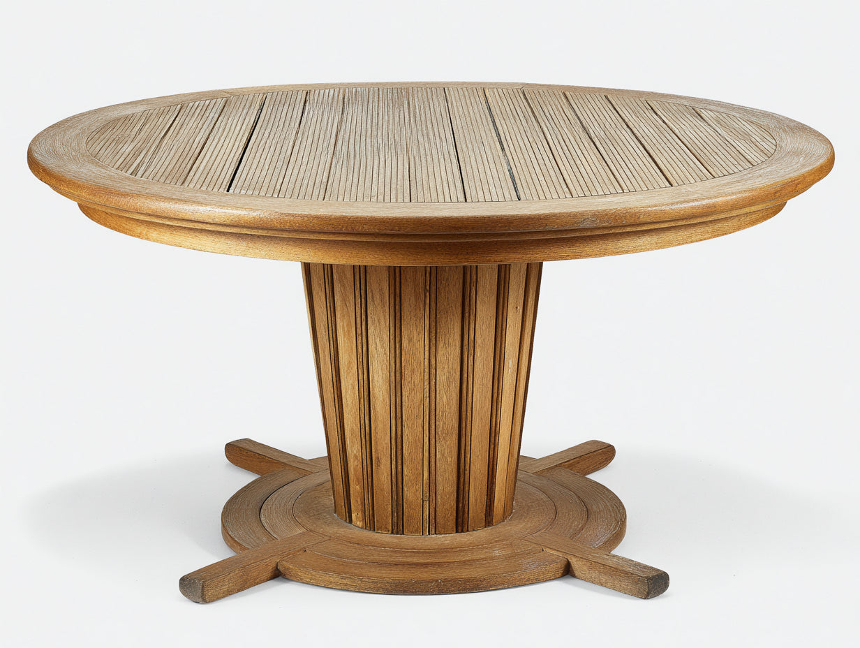 Table de jardin ronde en bois massif 120x120x75 cm - bois naturel brun clair - plateau rainuré et pied central à base croisée pour extérieur