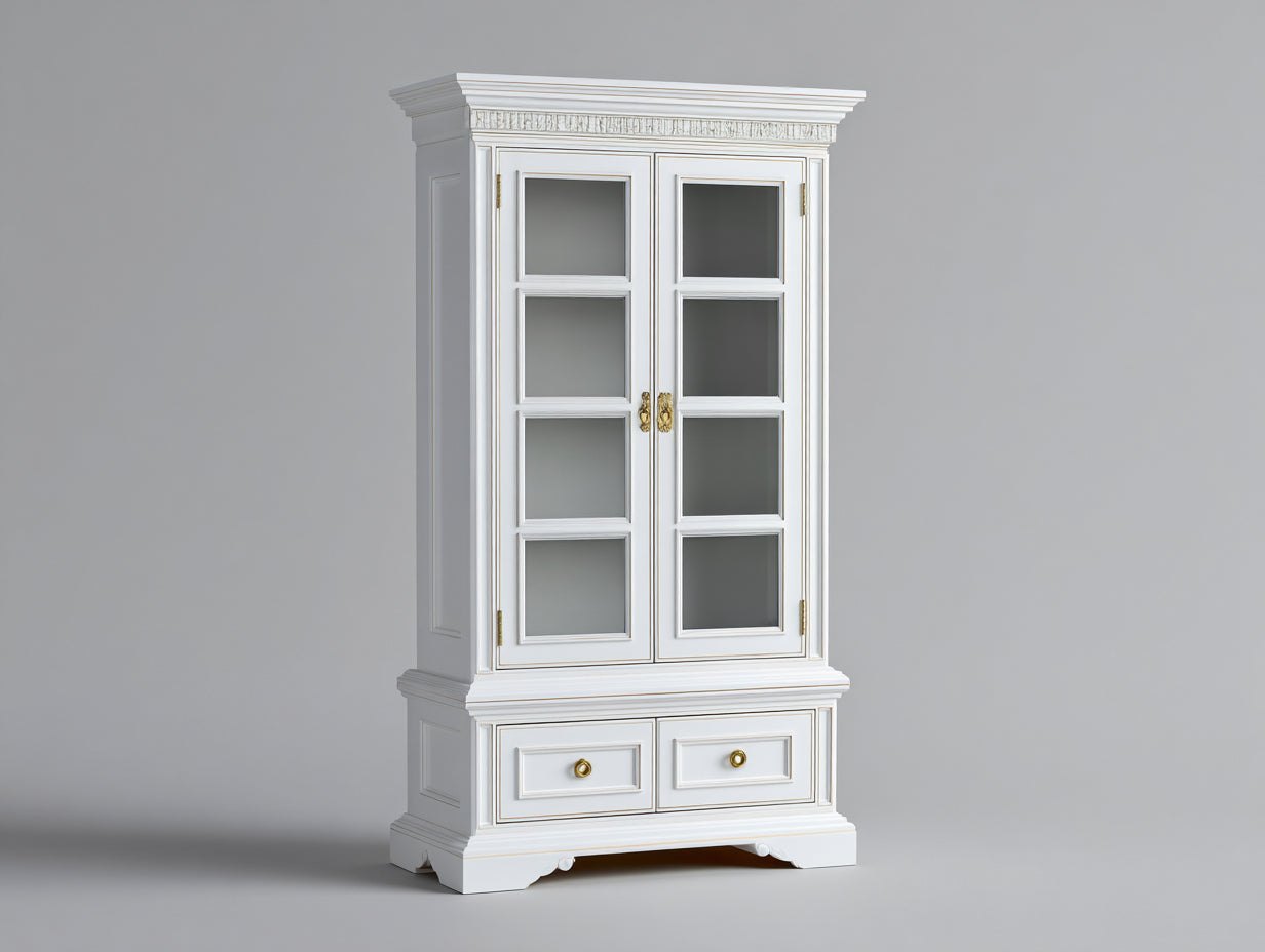 Vitrine 2 portes vitrées avec 2 tiroirs en bois 100x45x200 cm - blanc et or - style classique