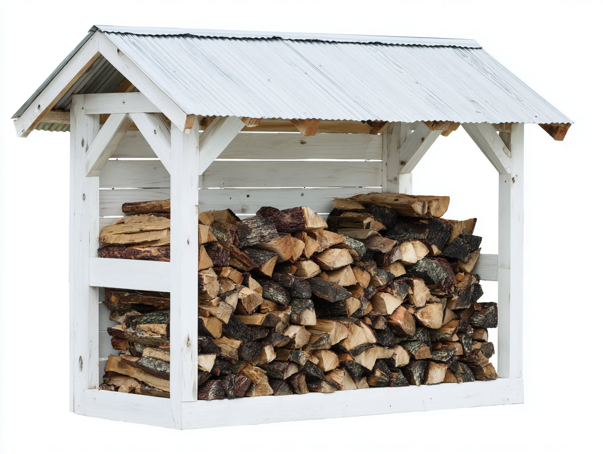 Abri à bûches - bois peint et toit en tôle ondulée - 220x85x170 cm - blanc-gris métallisé-bois naturel - toit incliné pour extérieur
