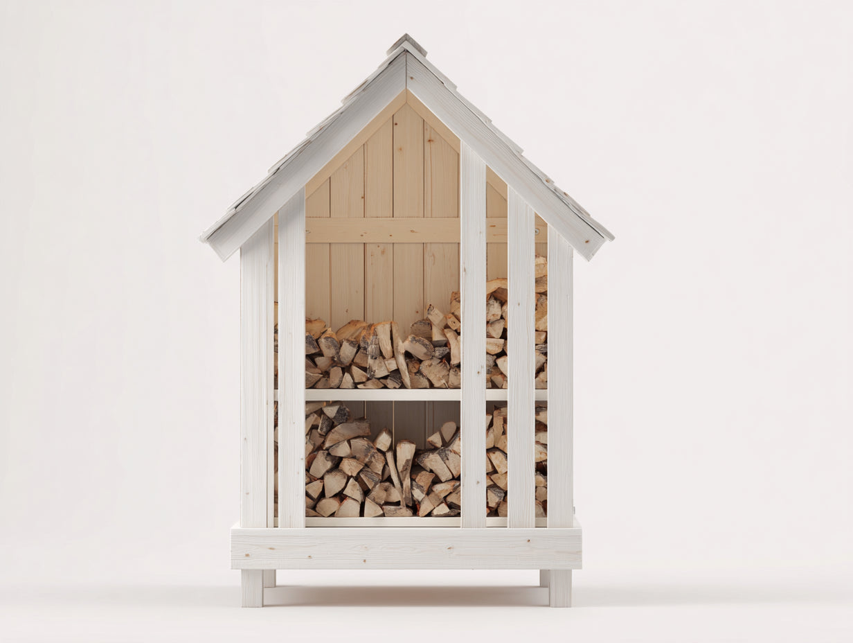 Abri à bûches en bois 120x60x190 cm - blanc et bois naturel - toit à deux pans
