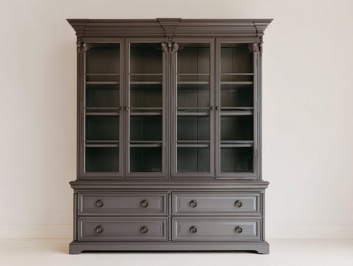 Vitrine en bois avec portes vitrées 180x45x220 cm - gris taupe - style classique pour salon
