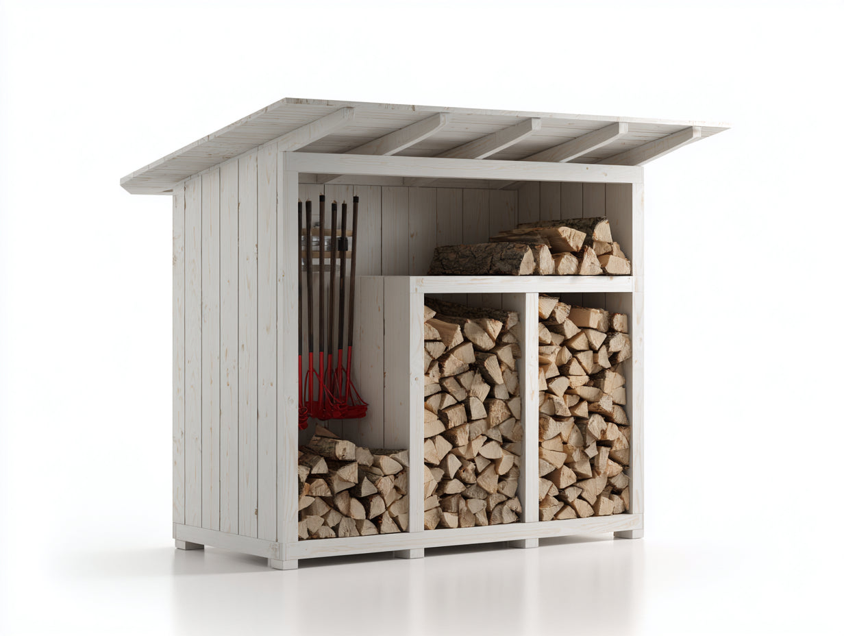 Abri à bûches - bois peint - 210x85x180 cm - blanc-bois naturel - compartiments ouverts pour extérieur