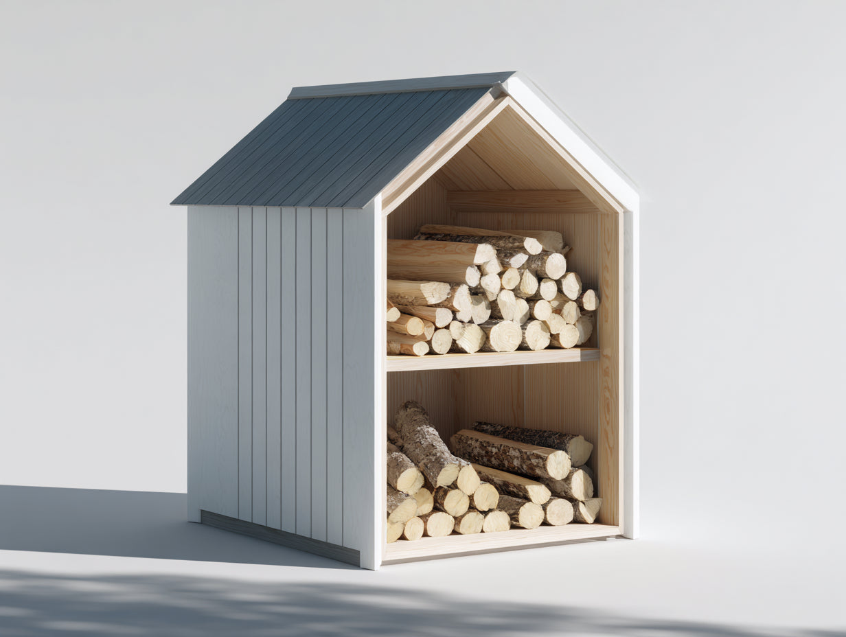Abri à bûches 150x80x165 cm - bois blanc et intérieur bois clair - toit gris incliné