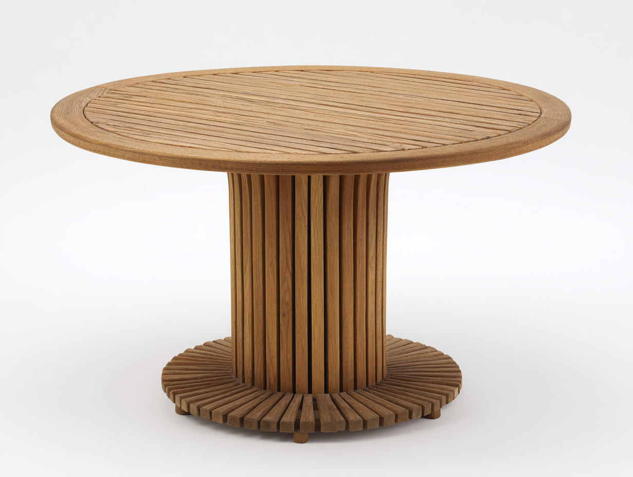 Table de jardin en bois 130x130x75 cm - bois naturel - plateau rond à lattes avec pied central cannelé