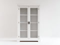 Vitrine 2 portes vitrées en bois d'ingénierie et verre 95x42x190 cm - blanc - corniche moulurée et poignées foncées style classique pour cuisine