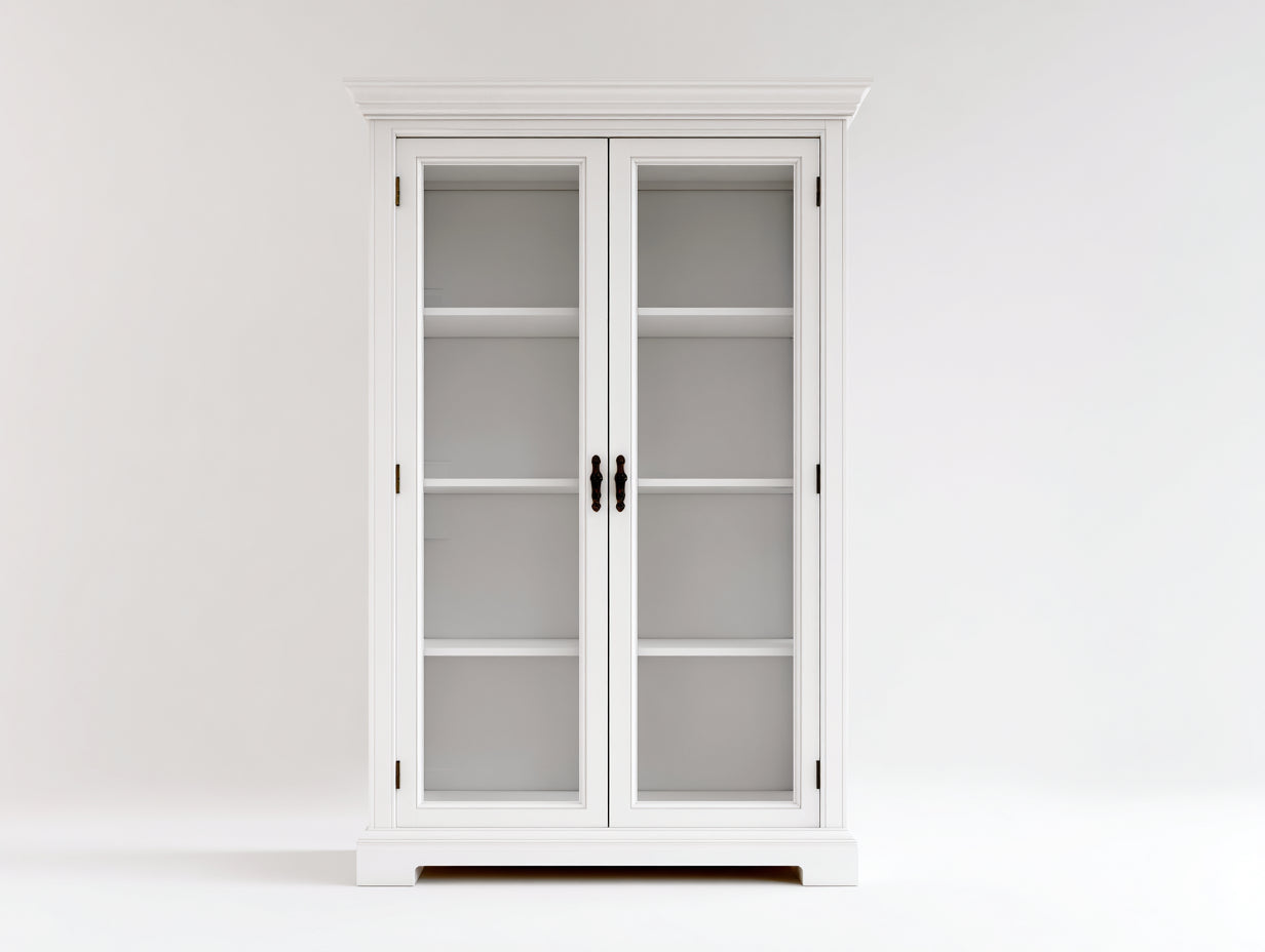 Vitrine 2 portes vitrées en bois d'ingénierie et verre 95x42x190 cm - blanc - corniche moulurée et poignées foncées style classique pour cuisine