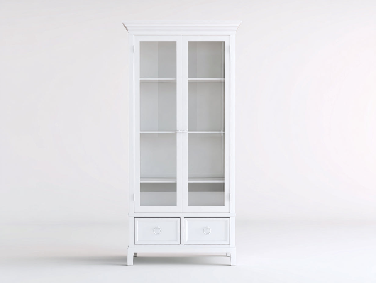 Vitrine en bois et verre 85x40x180 cm - blanc - style classique avec 2 tiroirs pour salle à manger