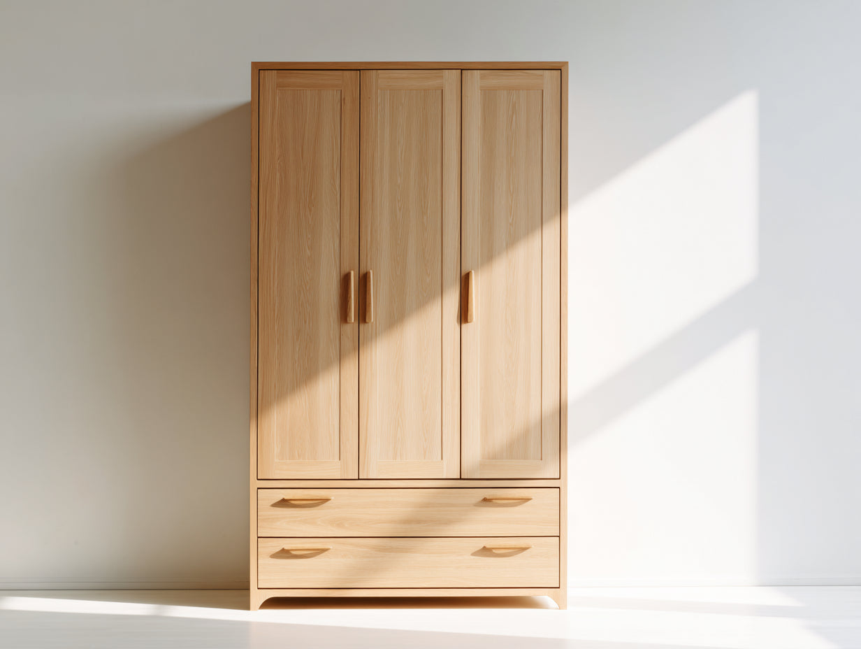 Armoire en bois d'ingénierie 120x55x200 cm - bois naturel - 3 portes battantes et 2 tiroirs