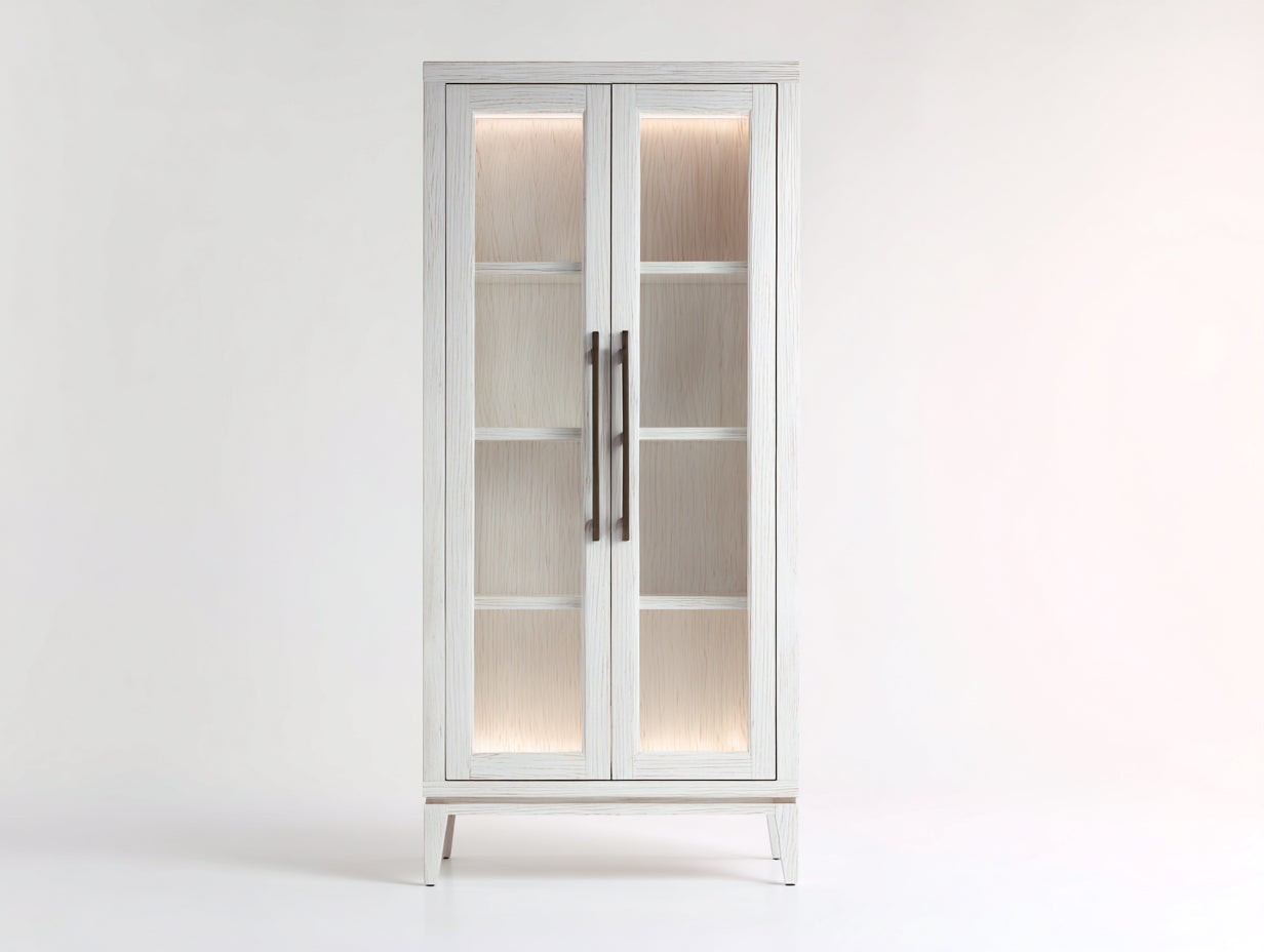 Vitrine en bois avec 2 portes vitrées 80x40x180 cm - blanc patiné et bois clair - éclairage intégré pour salon