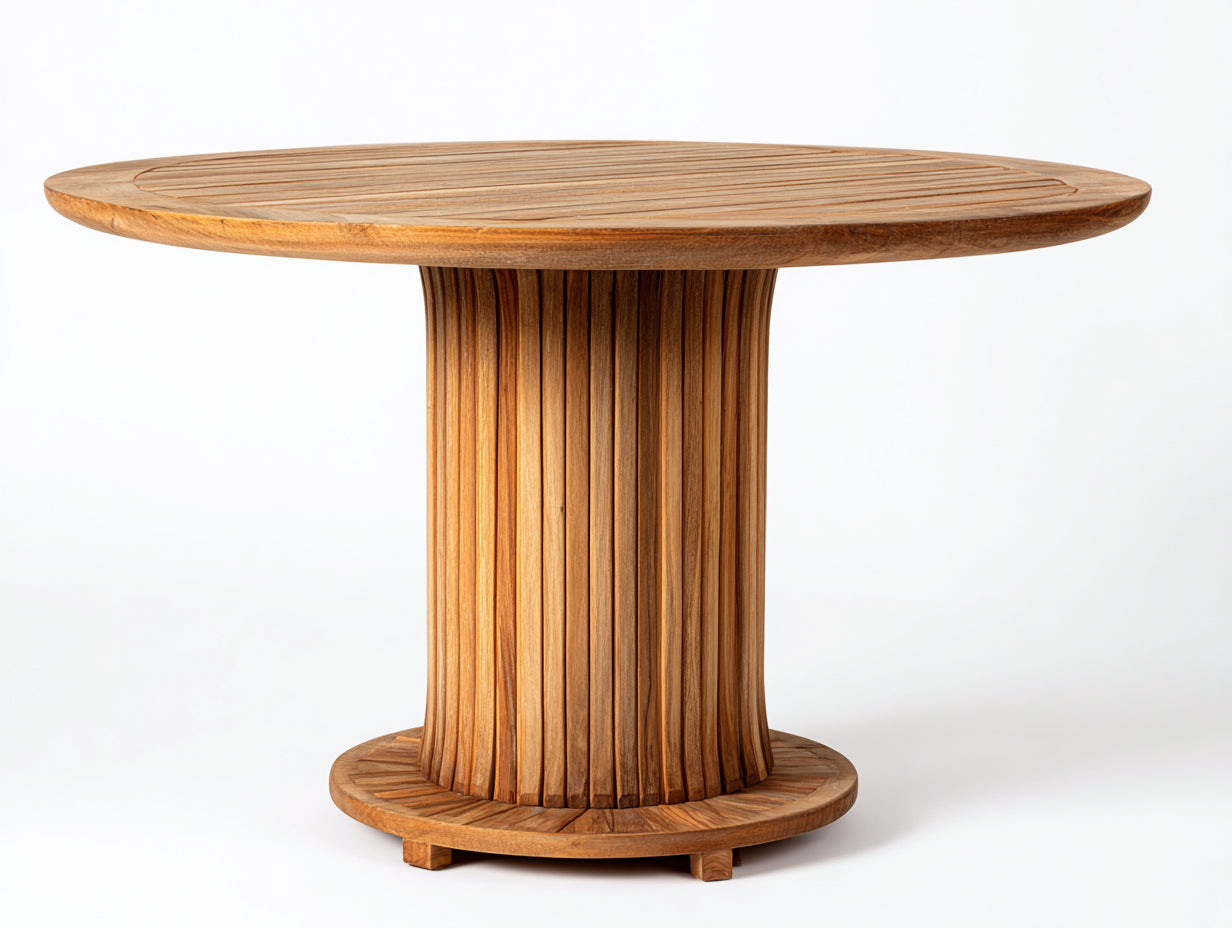 Table de jardin ronde en bois massif 130x130x76 cm - bois naturel - piètement cannelé moderne