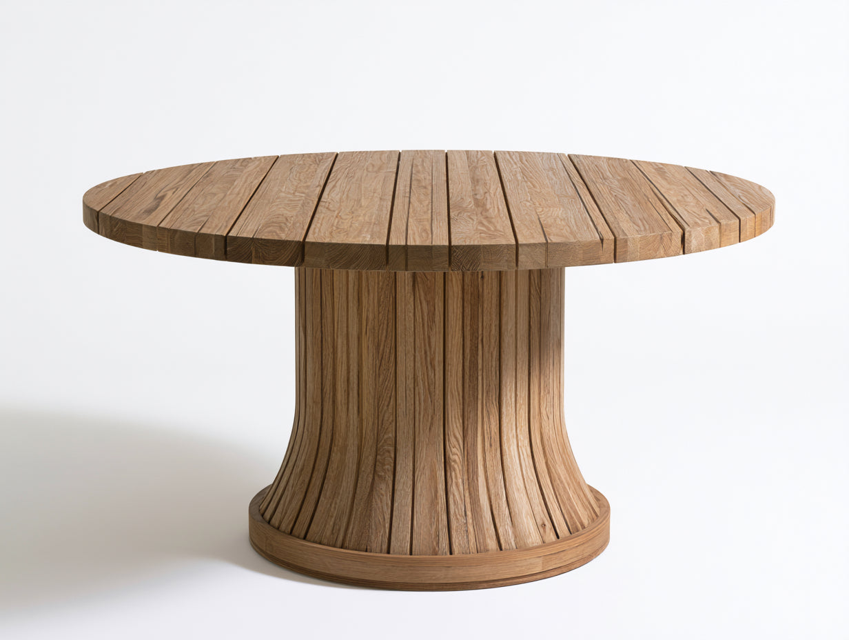 Table de jardin en bois 160x160x75 cm - bois naturel - plateau rond à lattes avec pied central