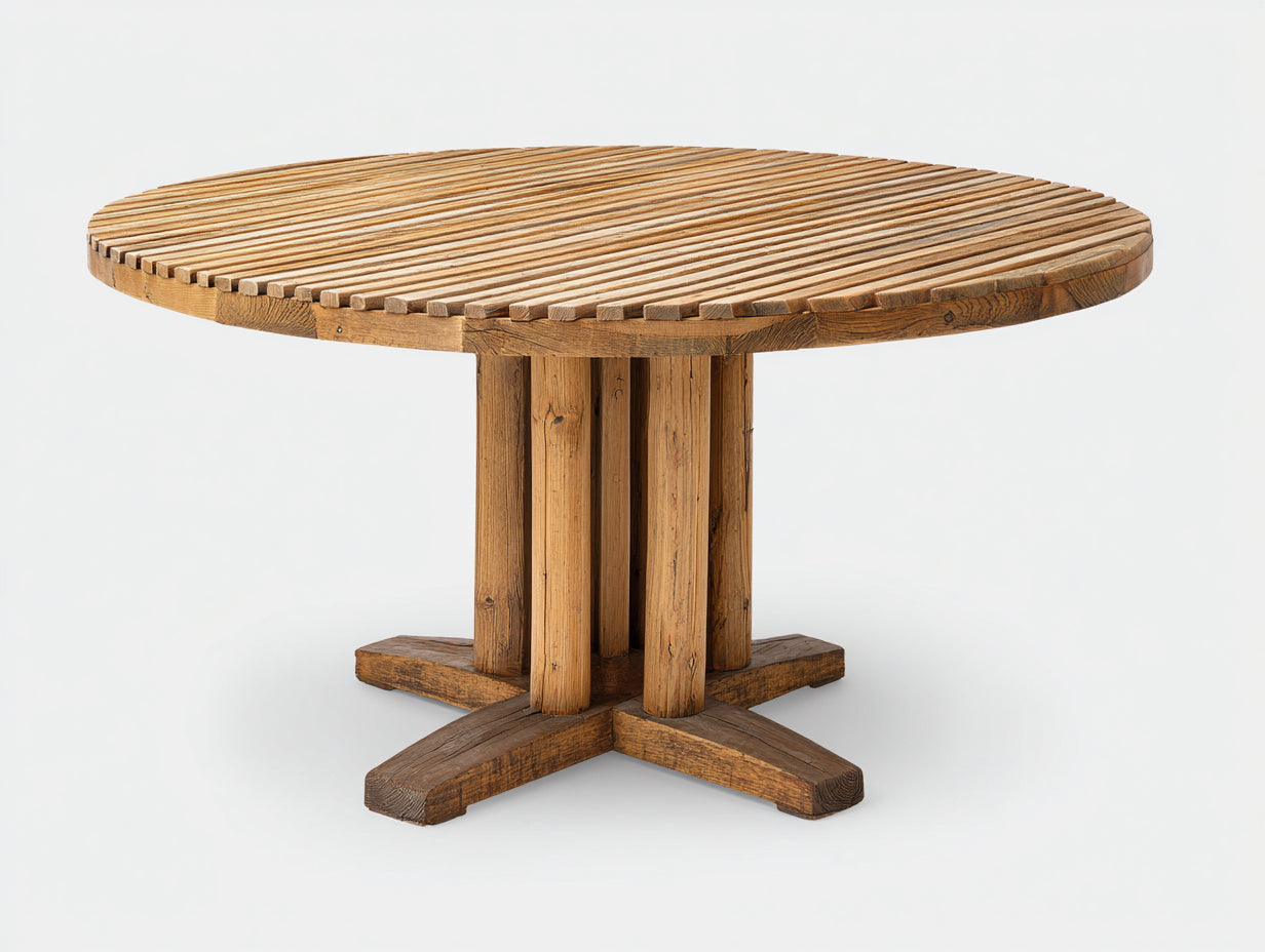 Table de jardin en bois 150x150x75 cm - bois naturel - plateau rond à lattes avec piètement croisé