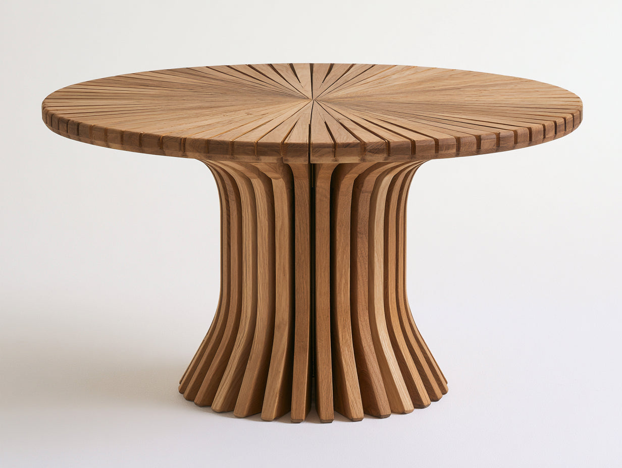 Table de jardin ronde en bois massif 140x140x75 cm - bois naturel - style sculptural pour terrasse