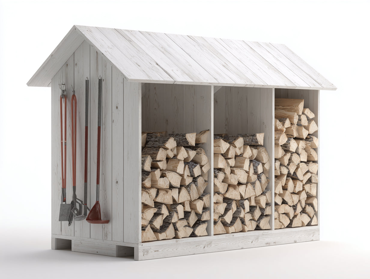 Abri à bûches en bois 220x70x180 cm - blanc - 3 compartiments