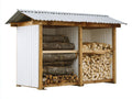 Abri à bûches en bois et métal 320x120x210 cm - blanc-gris-bois naturel - double compartiment ouvert