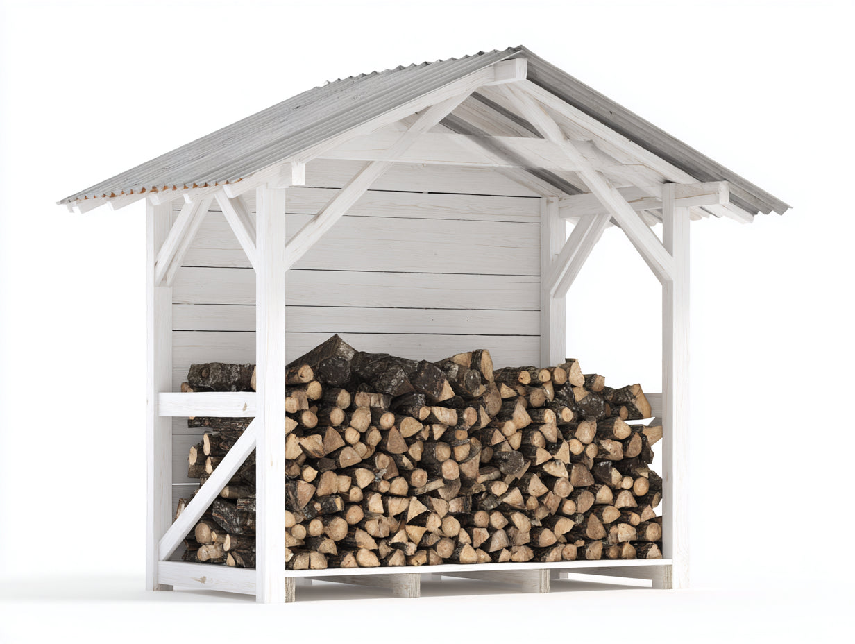 Abri à bûches en bois et métal 220x100x220 cm - blanc et gris - structure ouverte avec toit à deux pans pour extérieur