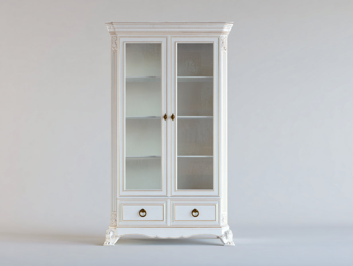Vitrine 2 portes vitrées 2 tiroirs en bois d'ingénierie et verre 100x45x200 cm - blanc et doré - détails sculptés style classique pour cuisine