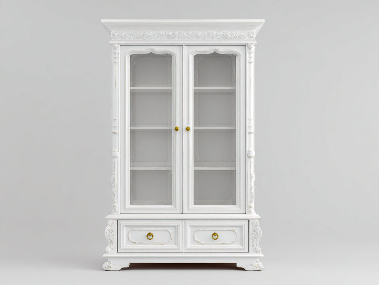 Vitrine en bois d'ingénierie et verre 110x45x190 cm - blanc-or - 2 portes vitrées et 2 tiroirs