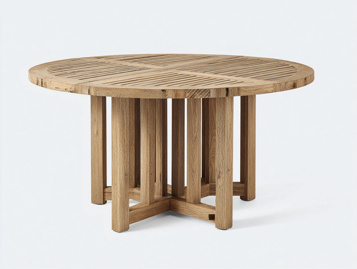 Table de jardin ronde en bois 130x130x75 cm - bois naturel - plateau à lattes